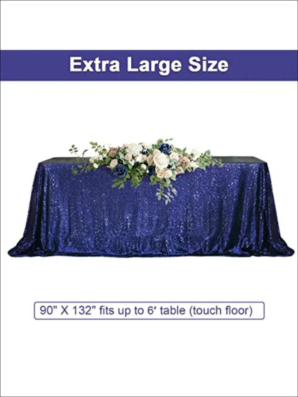 Sequin Tablecloth 90x132 Rectangular Full Length Floor Drape for 6ft Tables